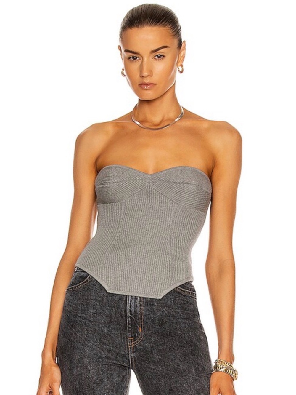 NWOT Fleur Du Mal Ribbed-Knit Strapless Corset Top in Gray - L